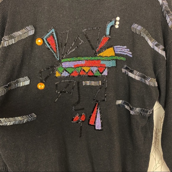 VINTAGE SPREE INT’L Black Sequin 80’s Ramie Cotton Sweater Large - Picture 5 of 11